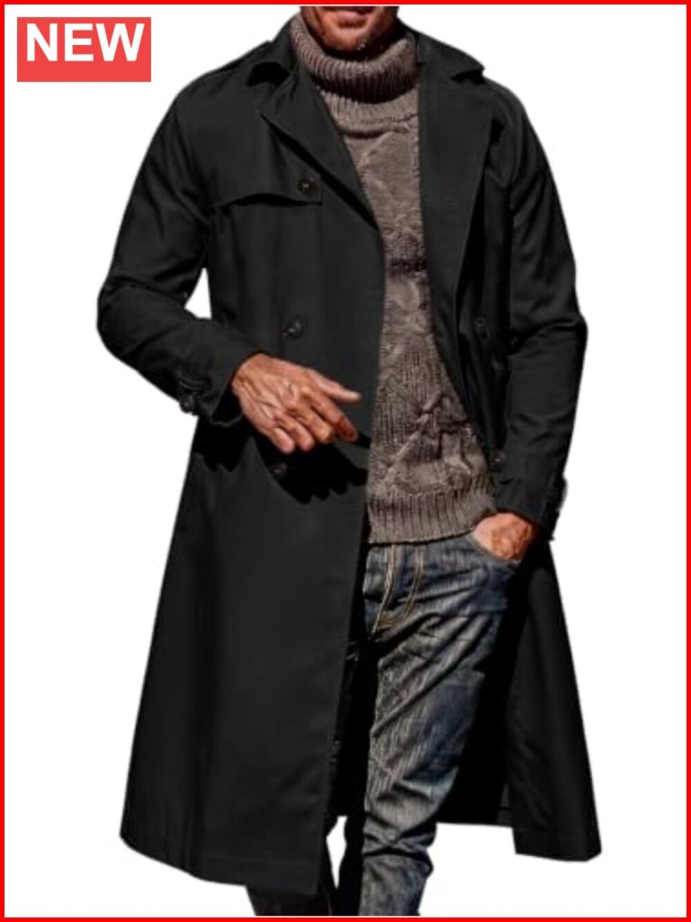 Men's Slim Fit Double Breasted Trench Coat Notched Lapel Long Jacket